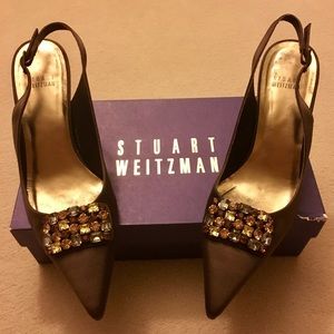 Stuart Weitzman Brown Satin and Swarovski Heels